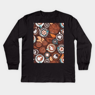 Love hugs in coffee mugs // pattern // expresso brown background lagoon orange and aqua cups and plates autumn leaves delicious cinnamon buns and cakes coffee stains and beans Kids Long Sleeve T-Shirt